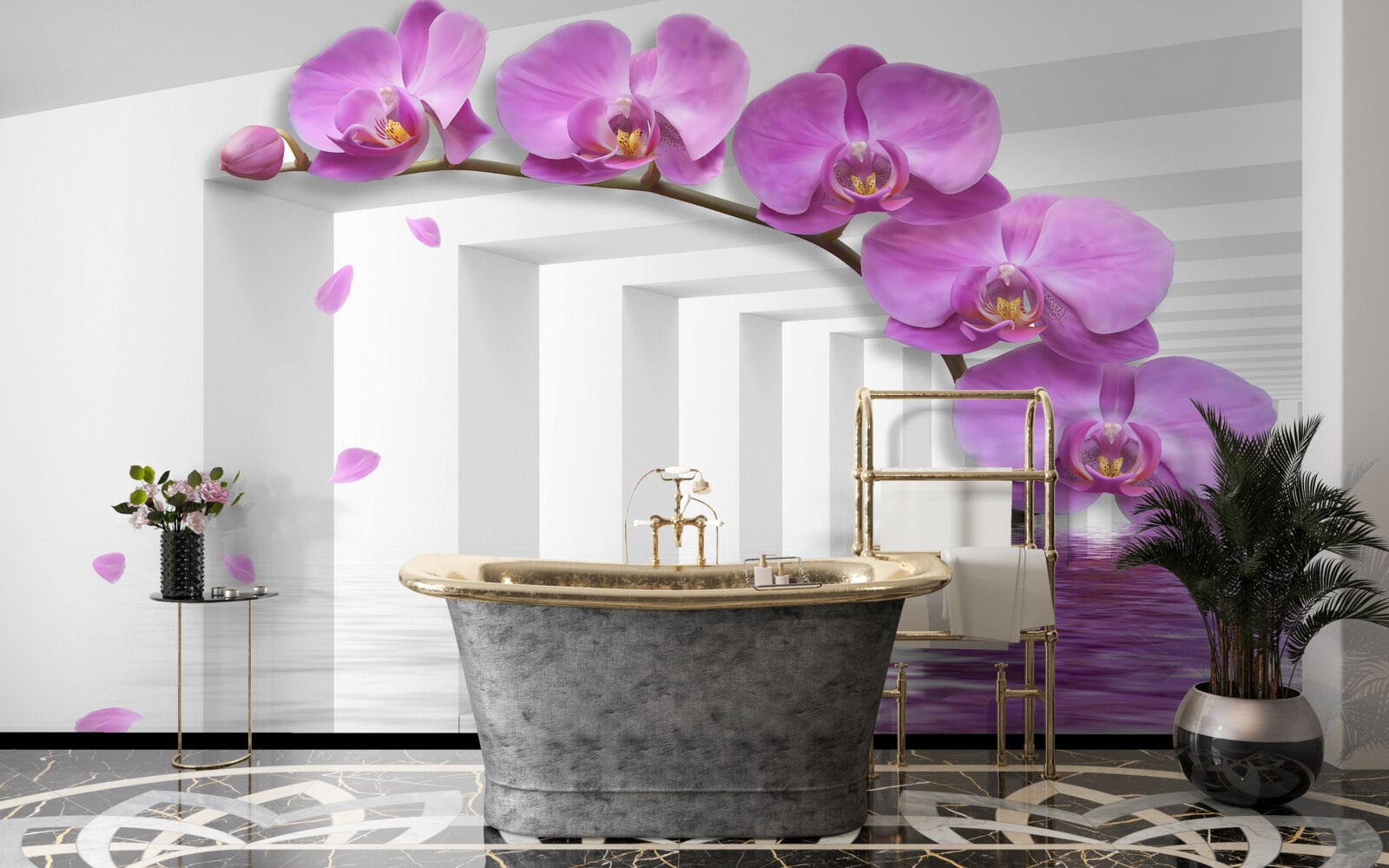 Papier peint orchidée lilas sur une branche entourée d'arcs blancs