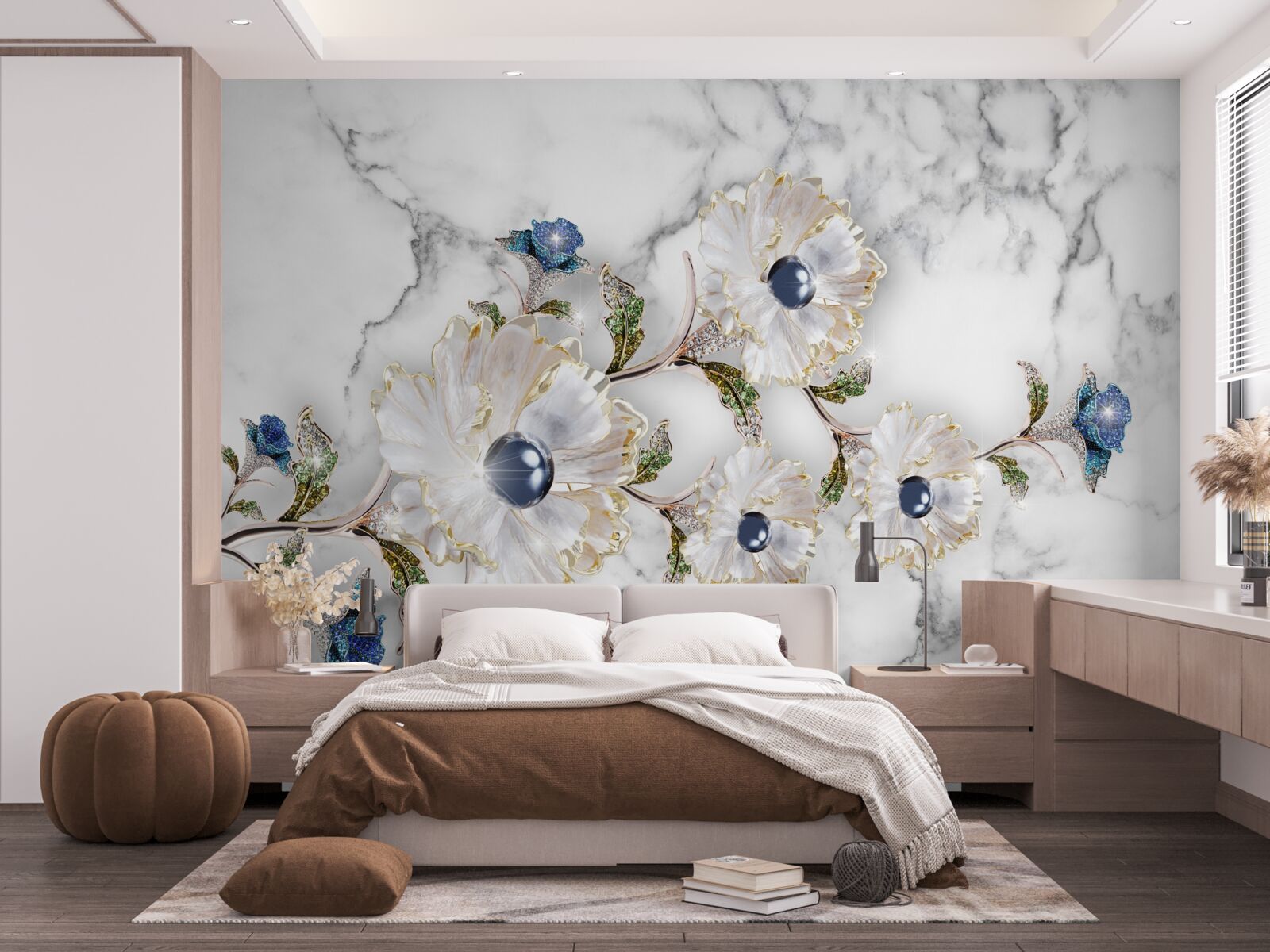 Papier peint le marbre est décoré de fleurs blanches avec des perles