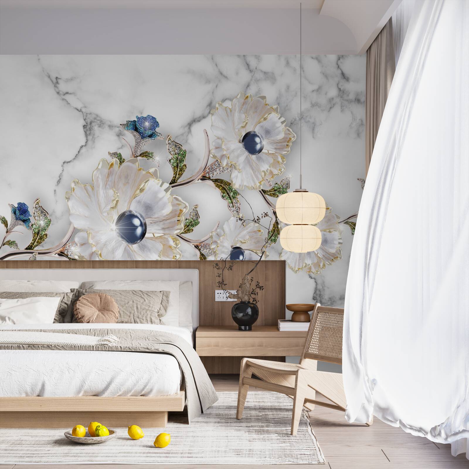 Papier peint le marbre est décoré de fleurs blanches avec des perles