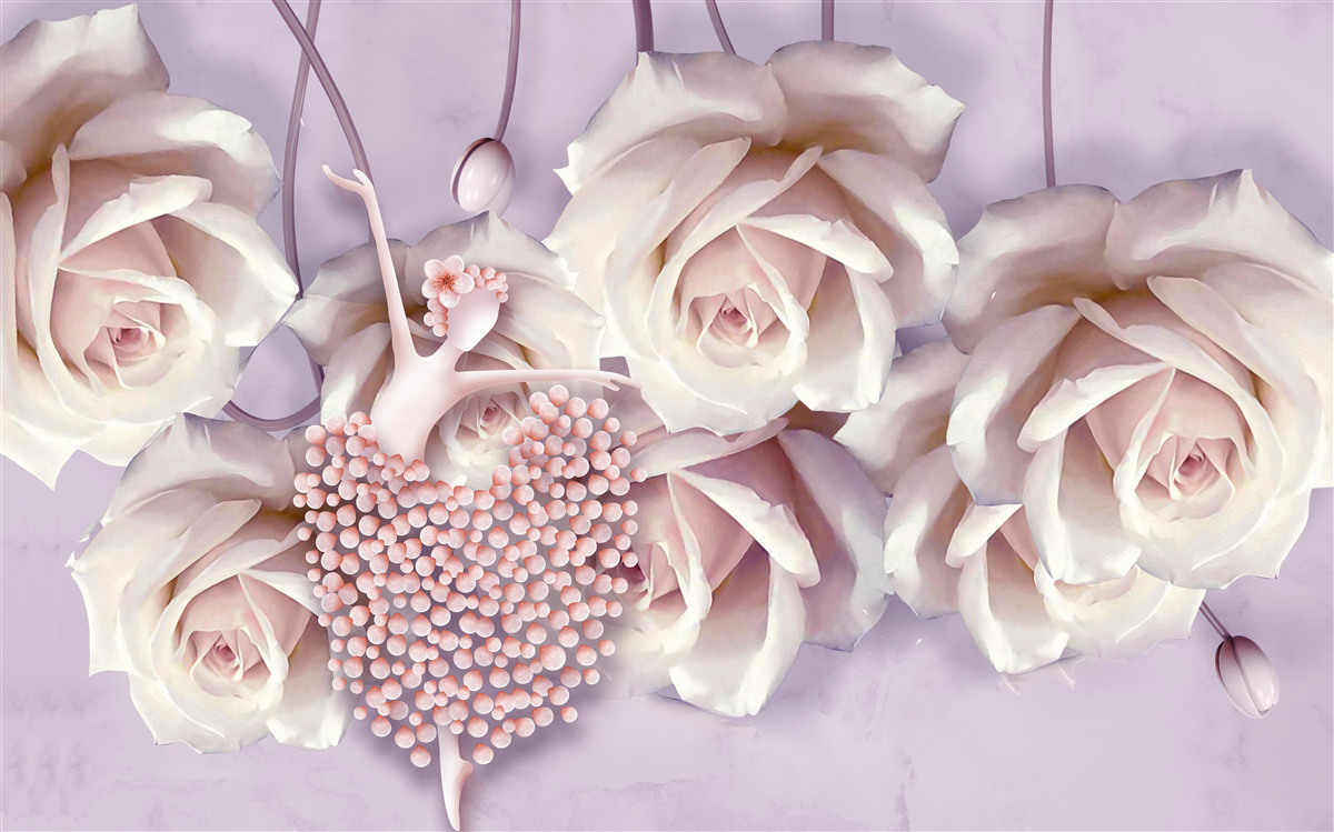 Papier peint fille dansant sur fond de roses en fleurs