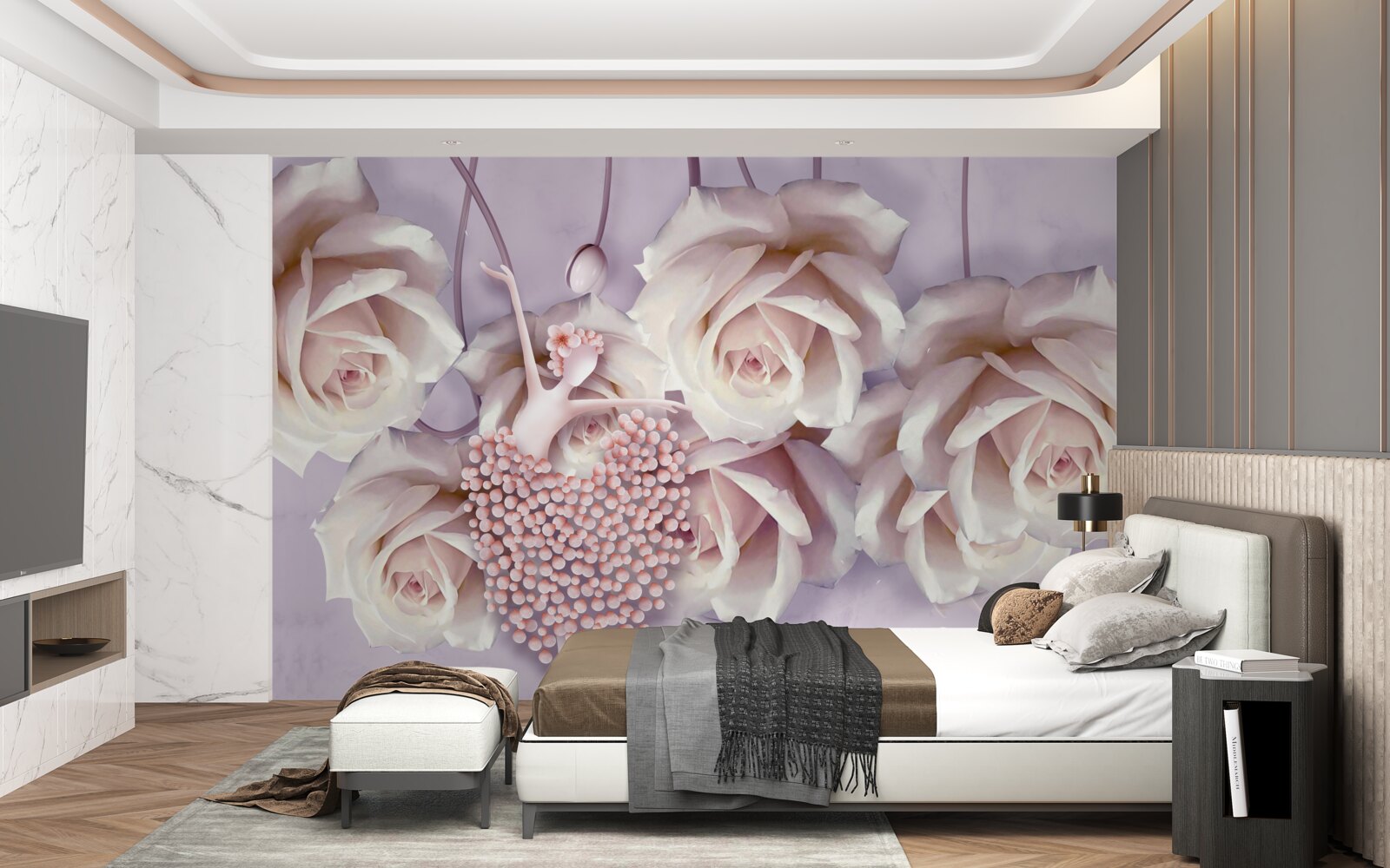 Papier peint fille dansant sur fond de roses en fleurs
