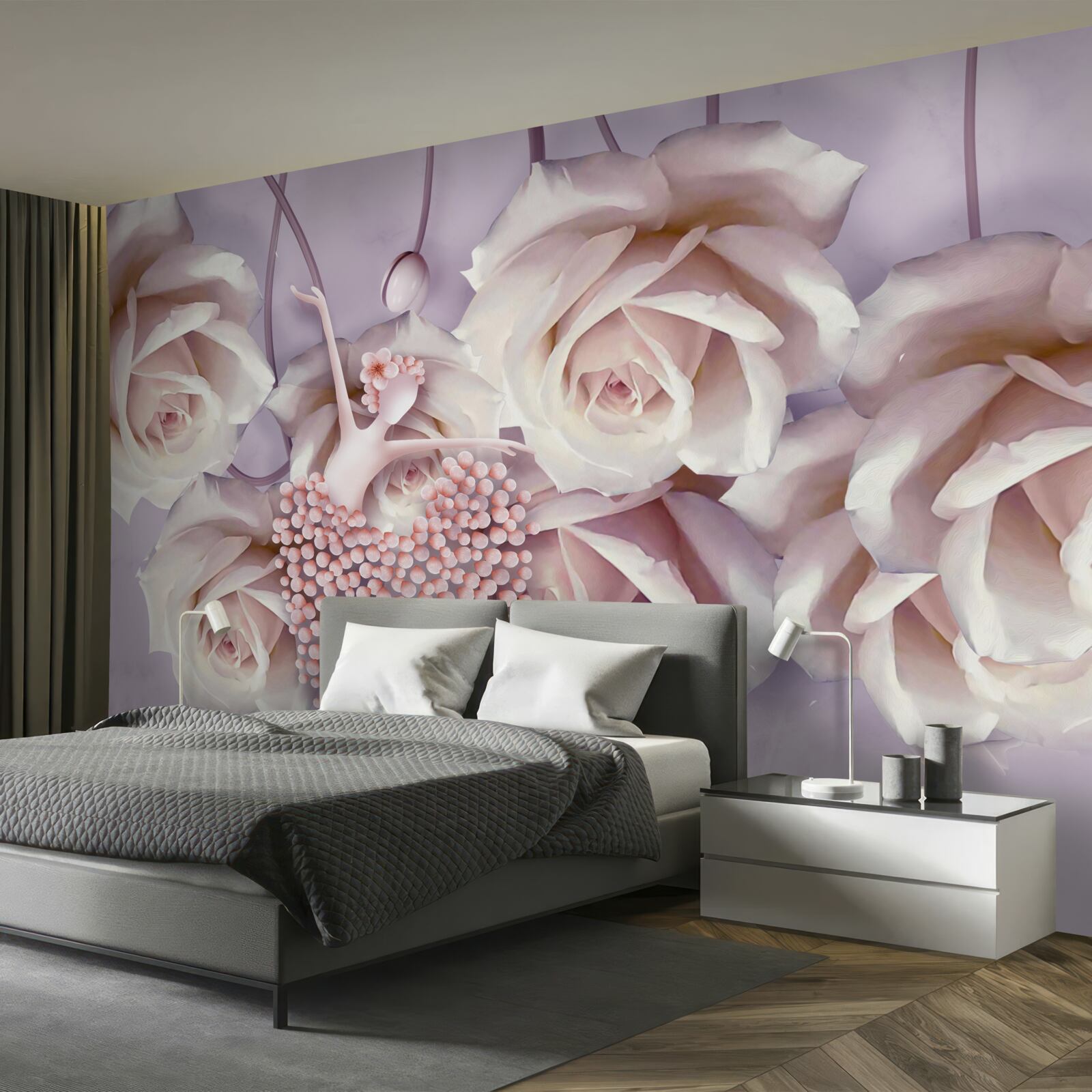Papier peint fille dansant sur fond de roses en fleurs