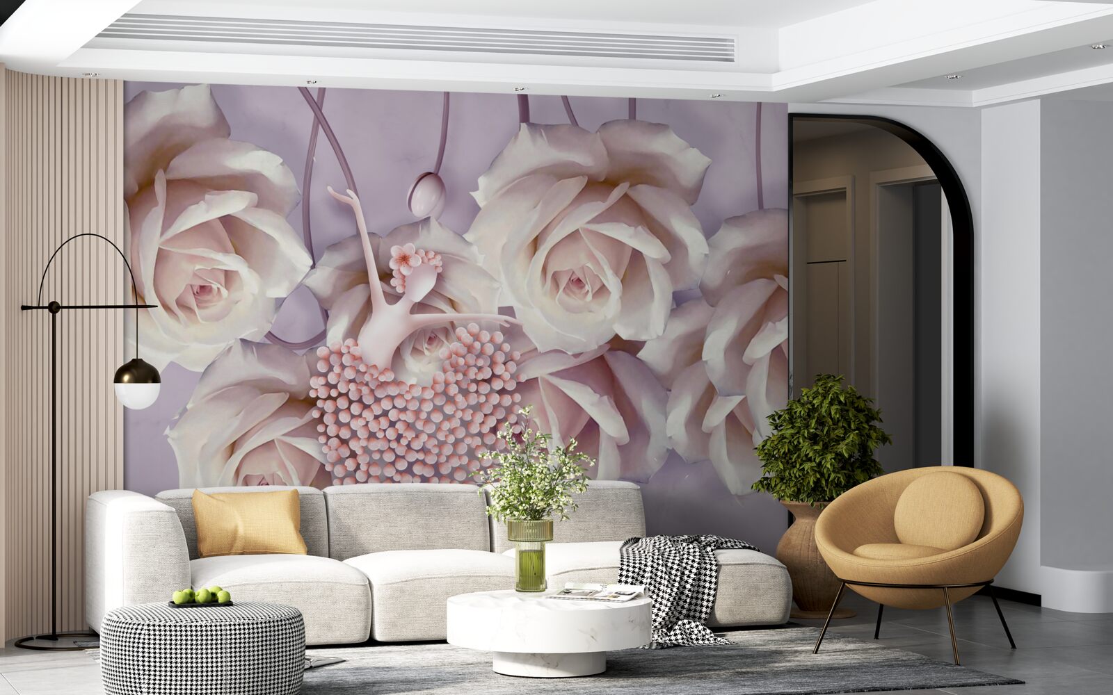 Papier peint fille dansant sur fond de roses en fleurs