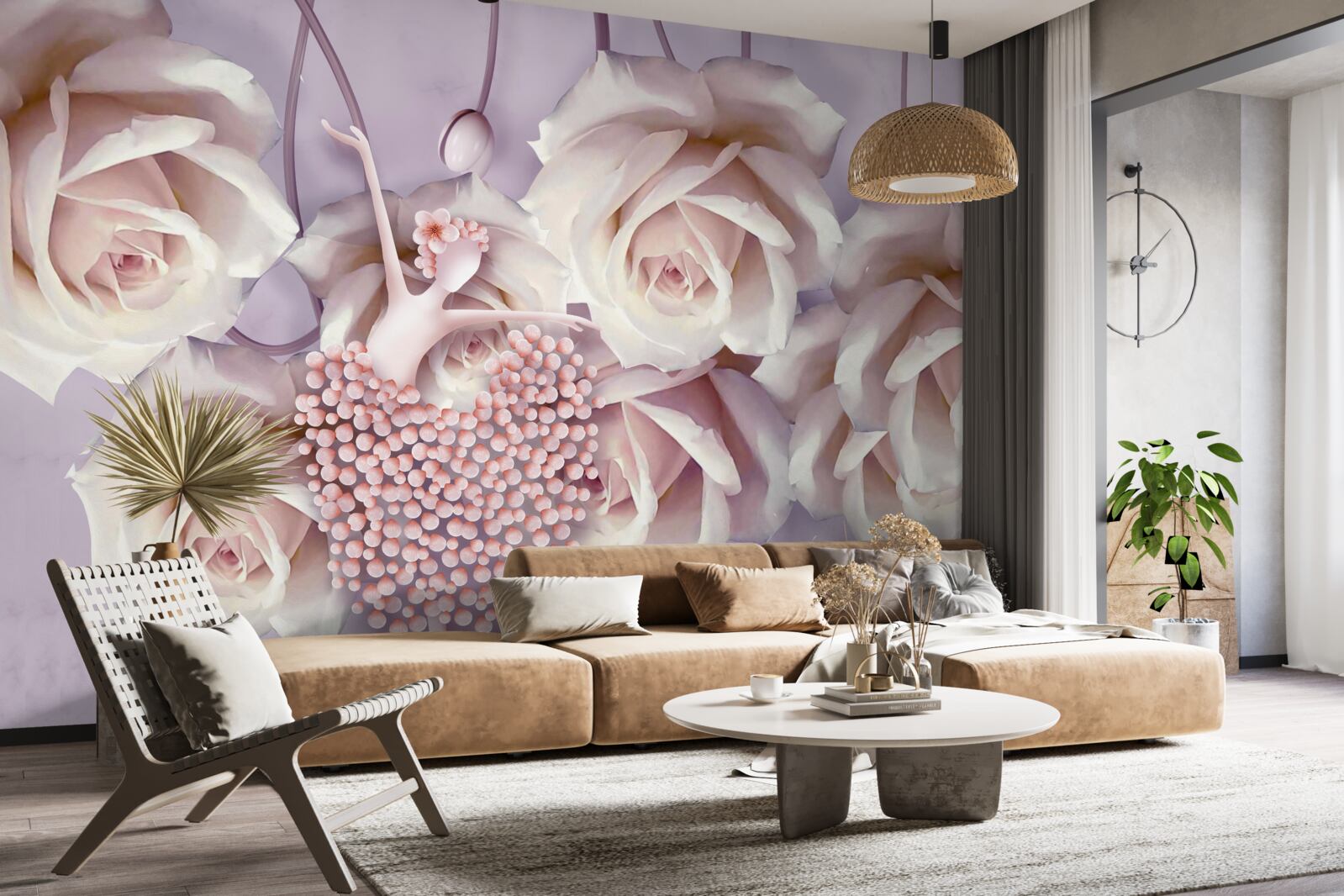 Papier peint fille dansant sur fond de roses en fleurs