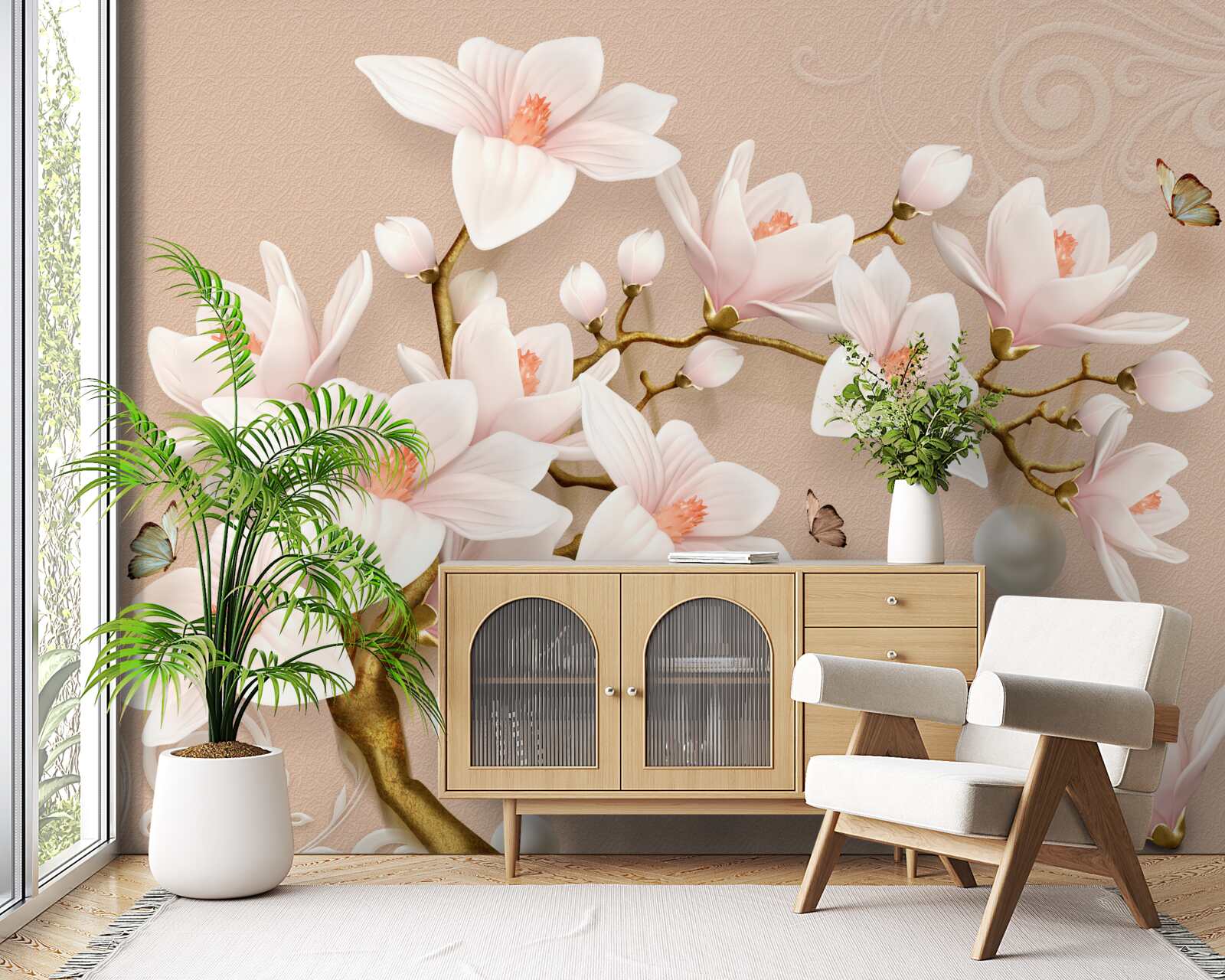 Papier peint bourgeons doux sur une base rose
