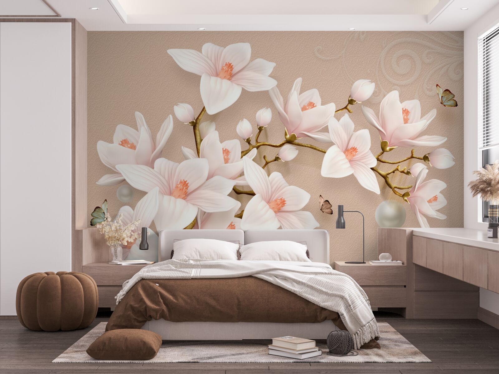 Papier peint bourgeons doux sur une base rose