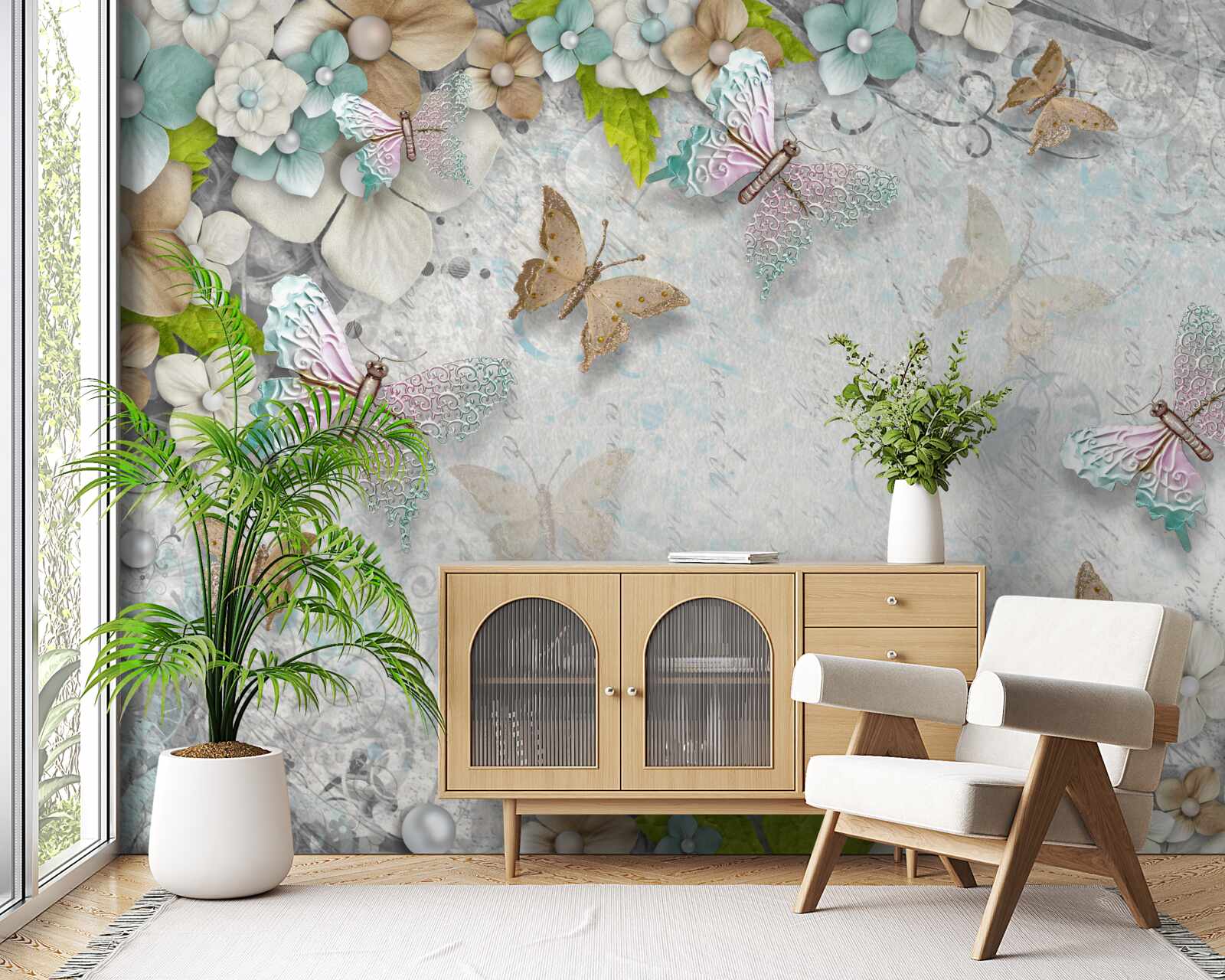 Papier peint fond doux décoré de fleurs et de papillons