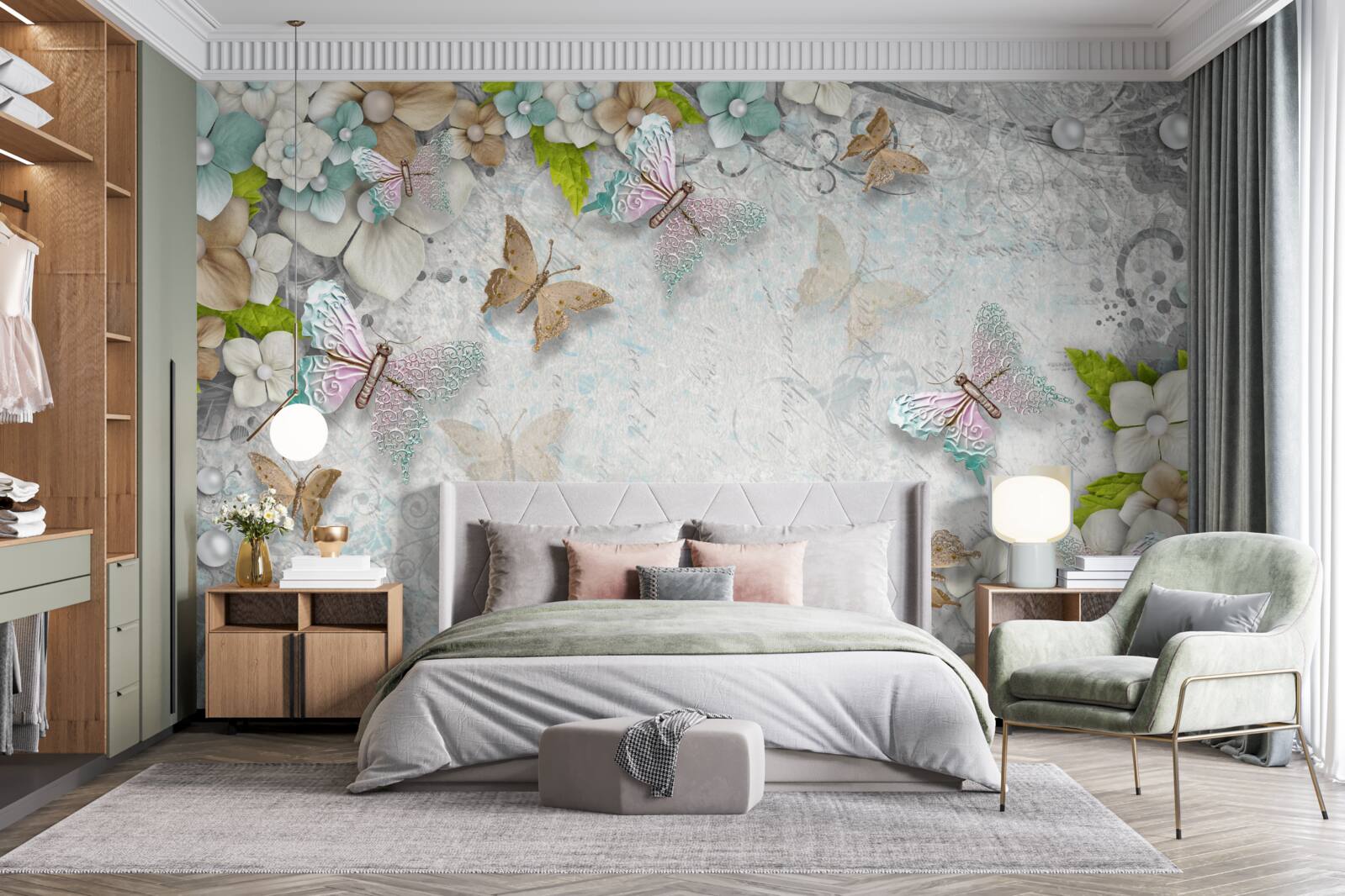 Papier peint fond doux décoré de fleurs et de papillons