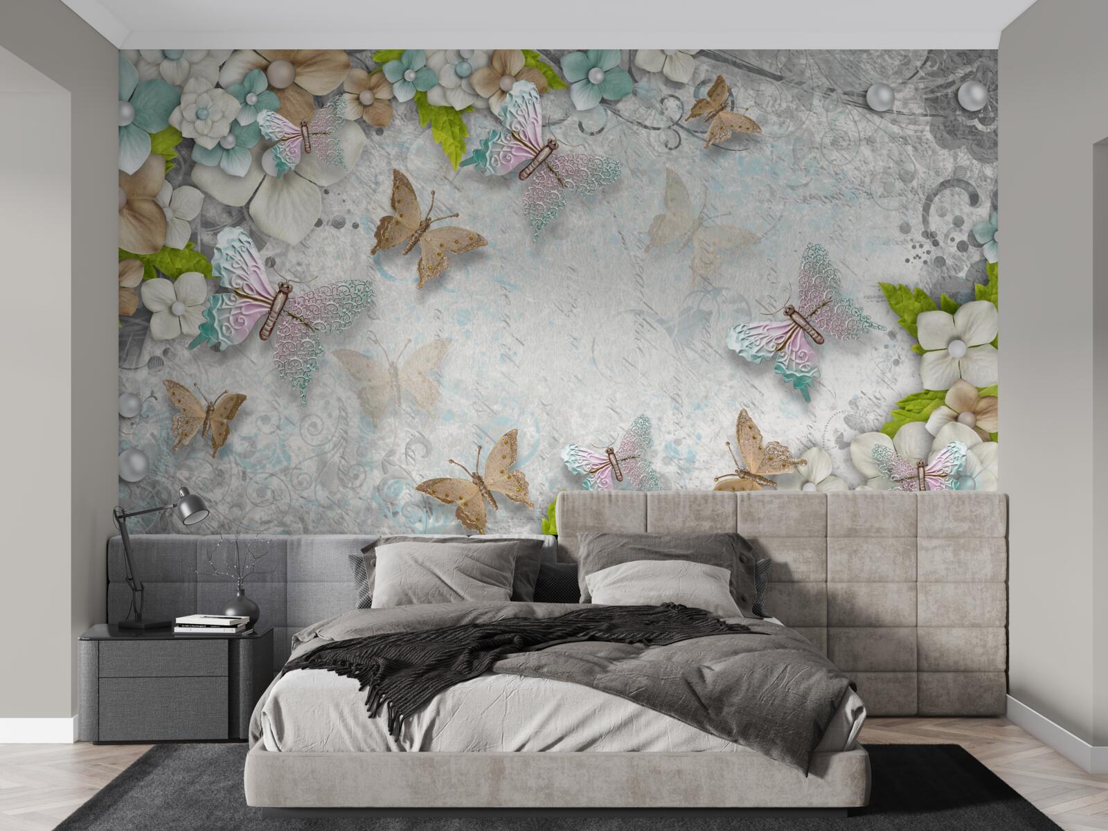 Papier peint fond doux décoré de fleurs et de papillons