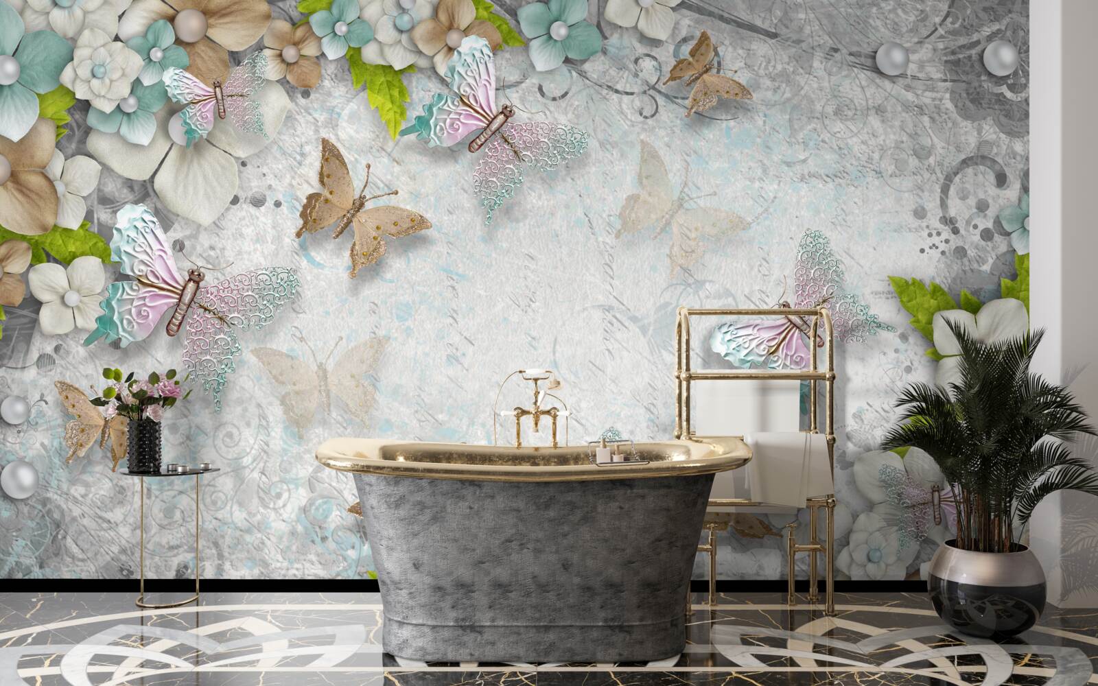 Papier peint fond doux décoré de fleurs et de papillons