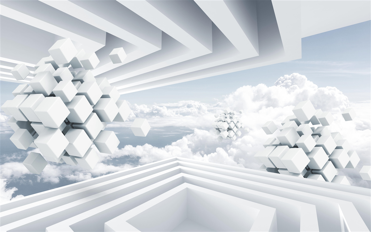 Papier peint interprétation géométrique d'un ciel bleu et de beaux nuages blancs