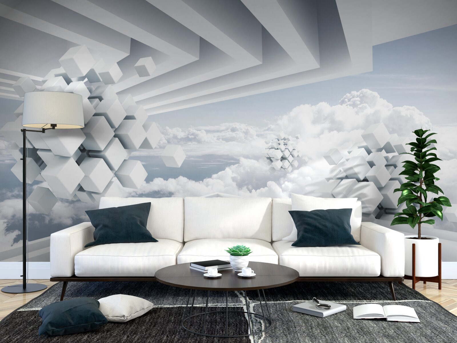 Papier peint interprétation géométrique d'un ciel bleu et de beaux nuages blancs