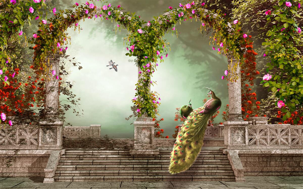 Papier peint paon dans des arches vertes couvertes de feuilles