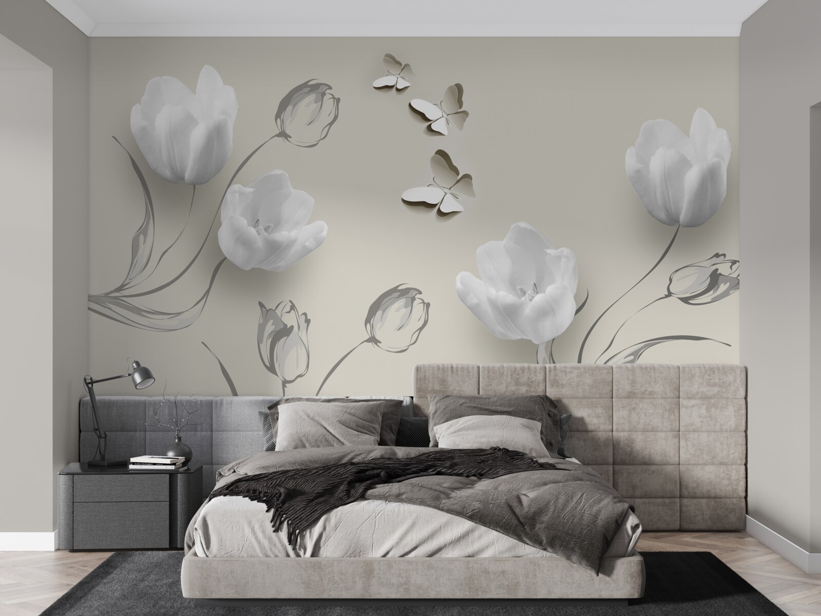 Papier peint Tulipes et papillons blancs comme neige