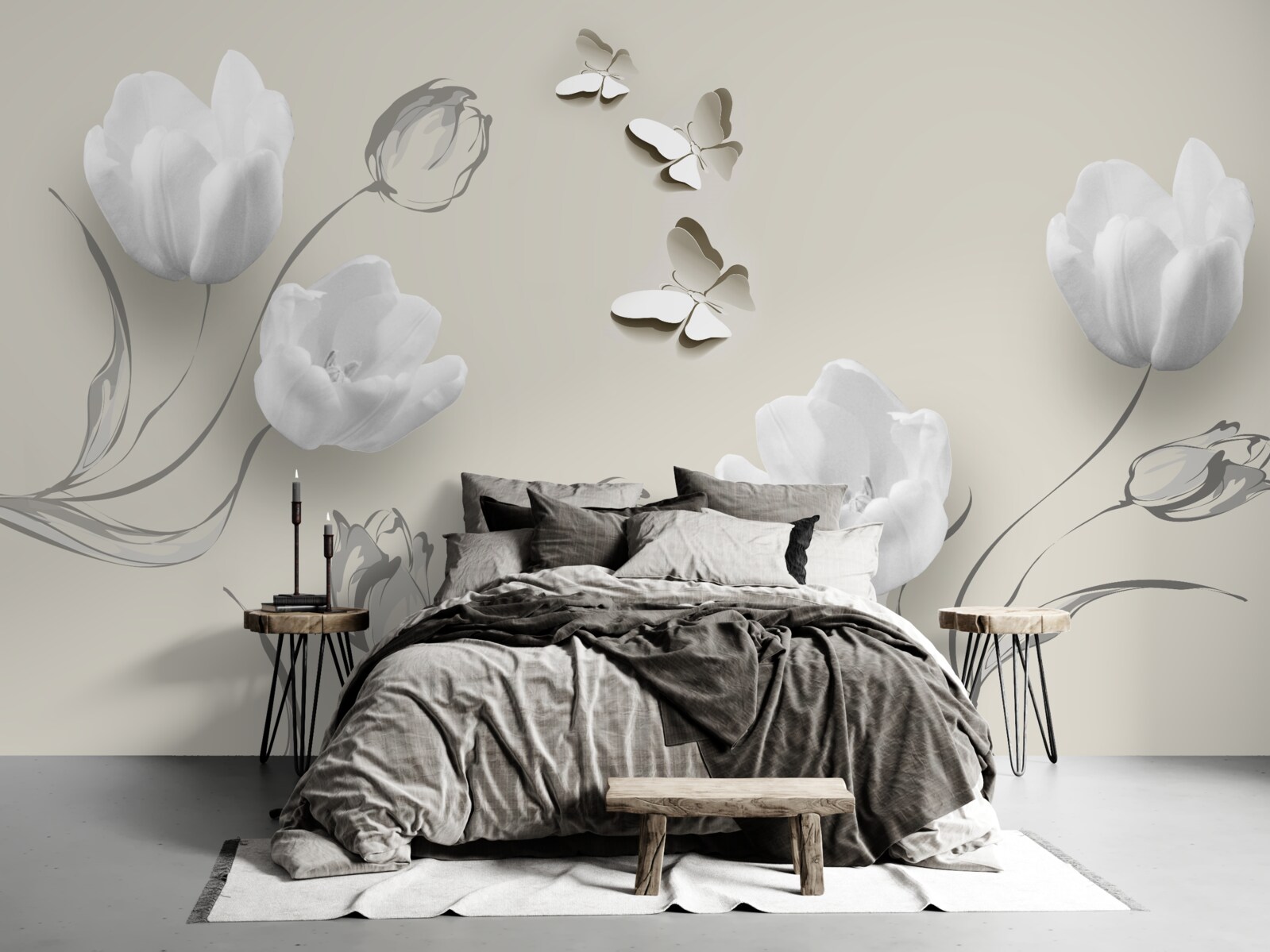 Papier peint Tulipes et papillons blancs comme neige