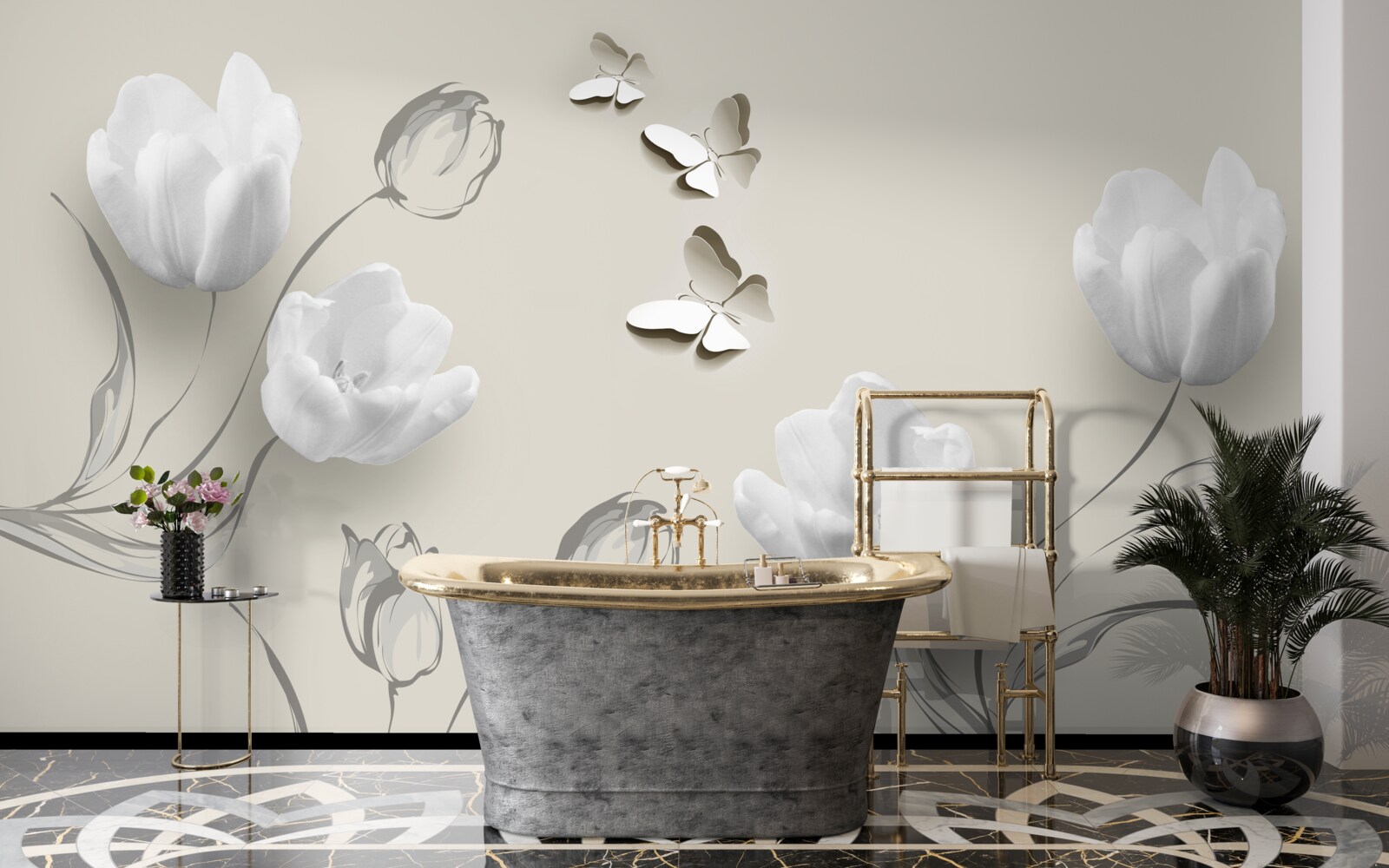 Papier peint Tulipes et papillons blancs comme neige