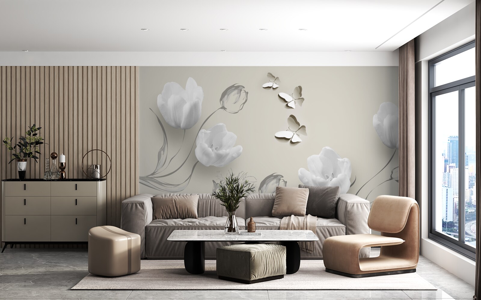 Papier peint Tulipes et papillons blancs comme neige
