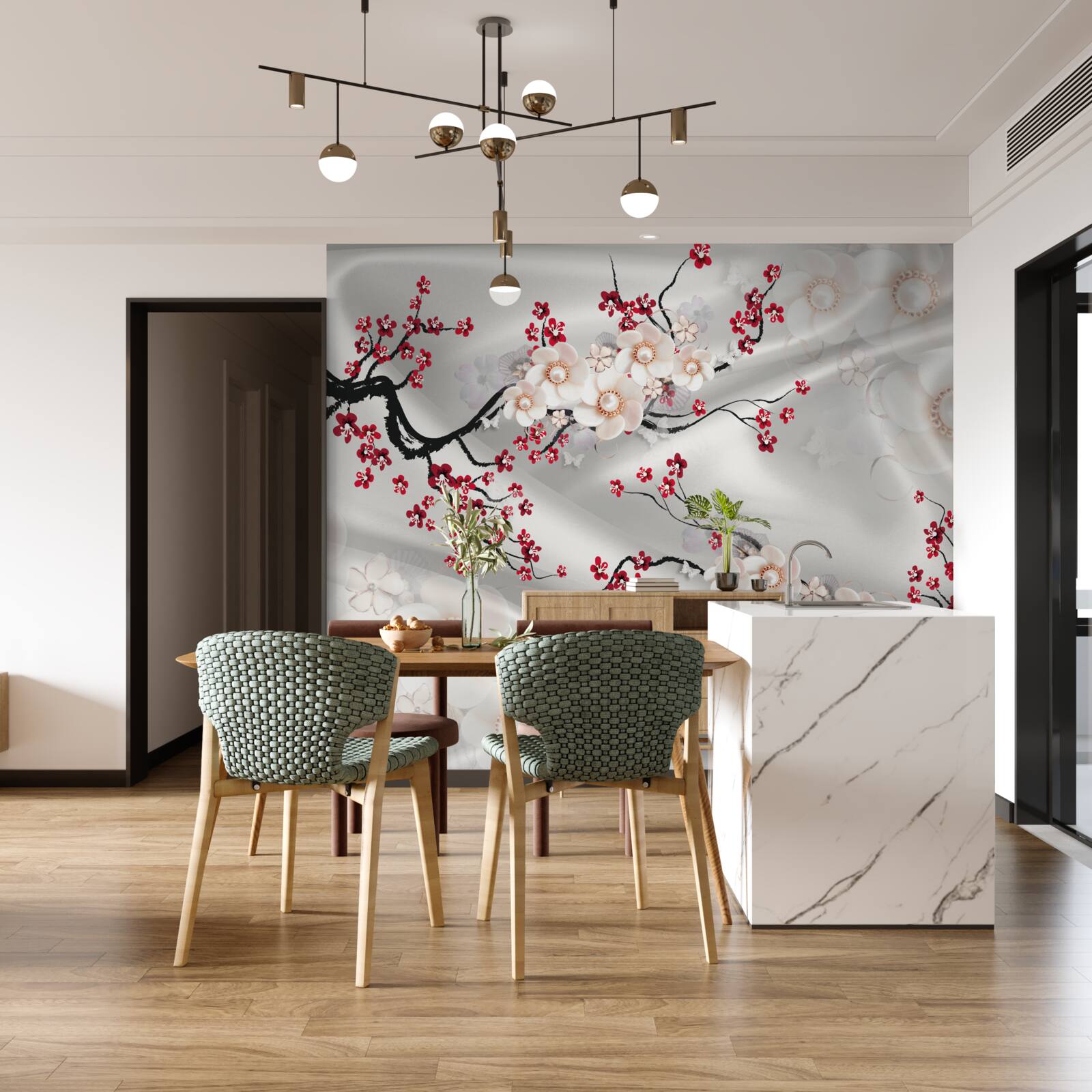 Papier peint les fleurs s'épanouissent sur les branches du sakura rouge