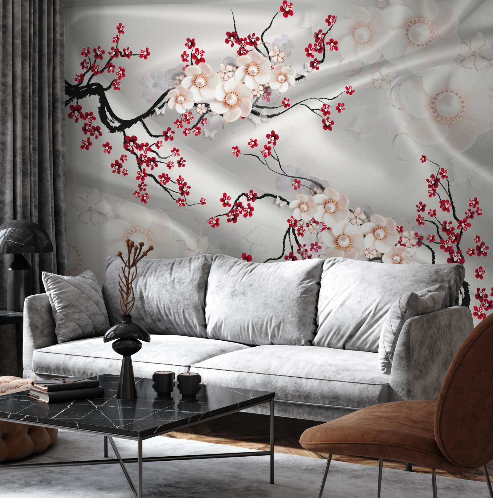 Papier peint les fleurs s'épanouissent sur les branches du sakura rouge