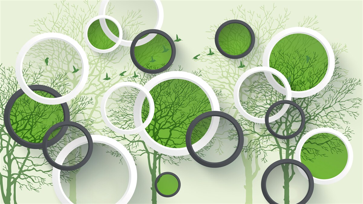 Papier peint cercles verts sur fond d'arbres