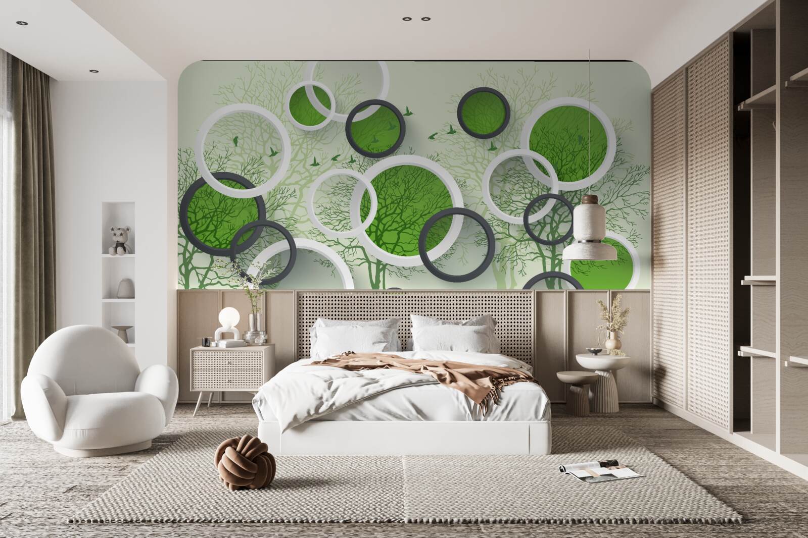 Papier peint cercles verts sur fond d'arbres