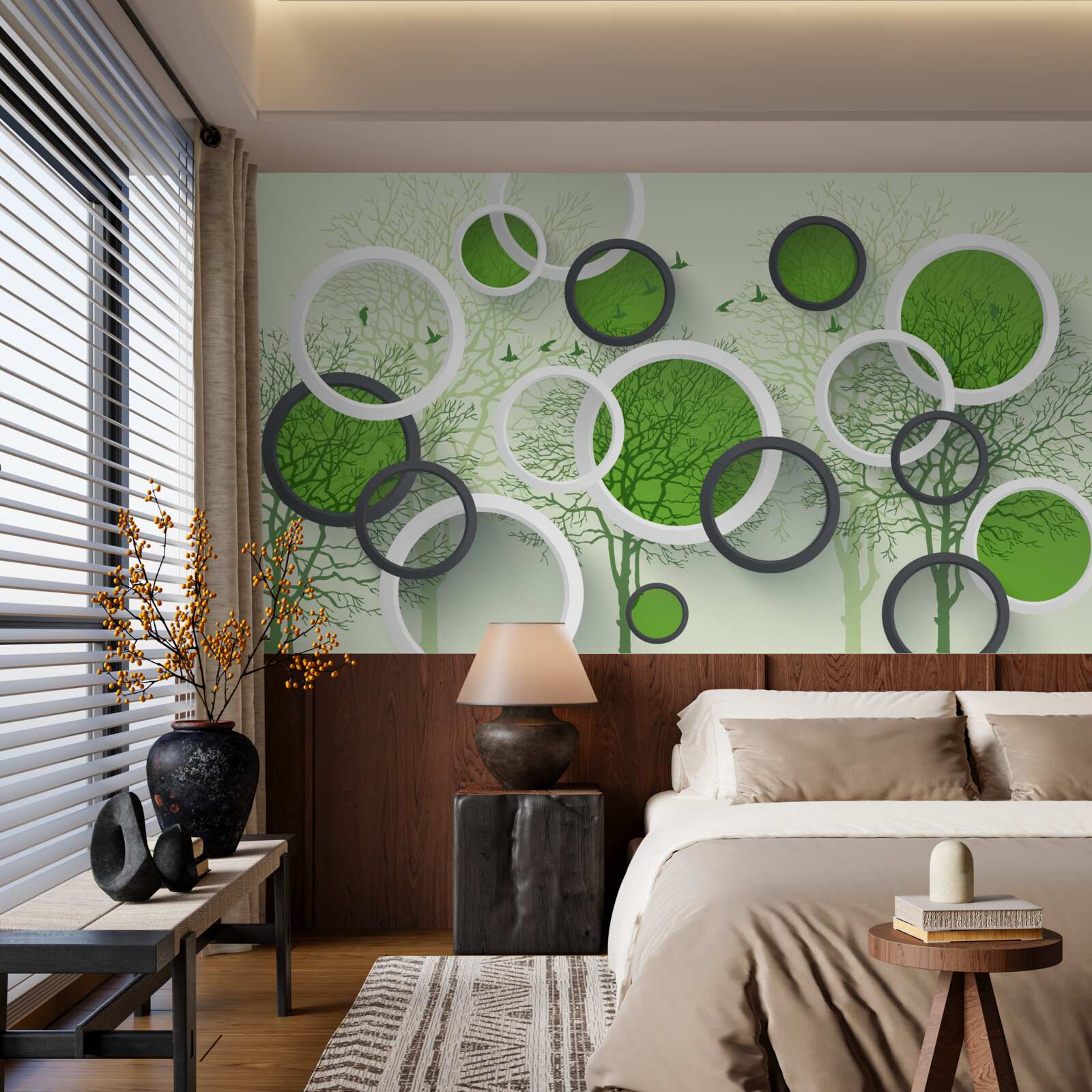 Papier peint cercles verts sur fond d'arbres