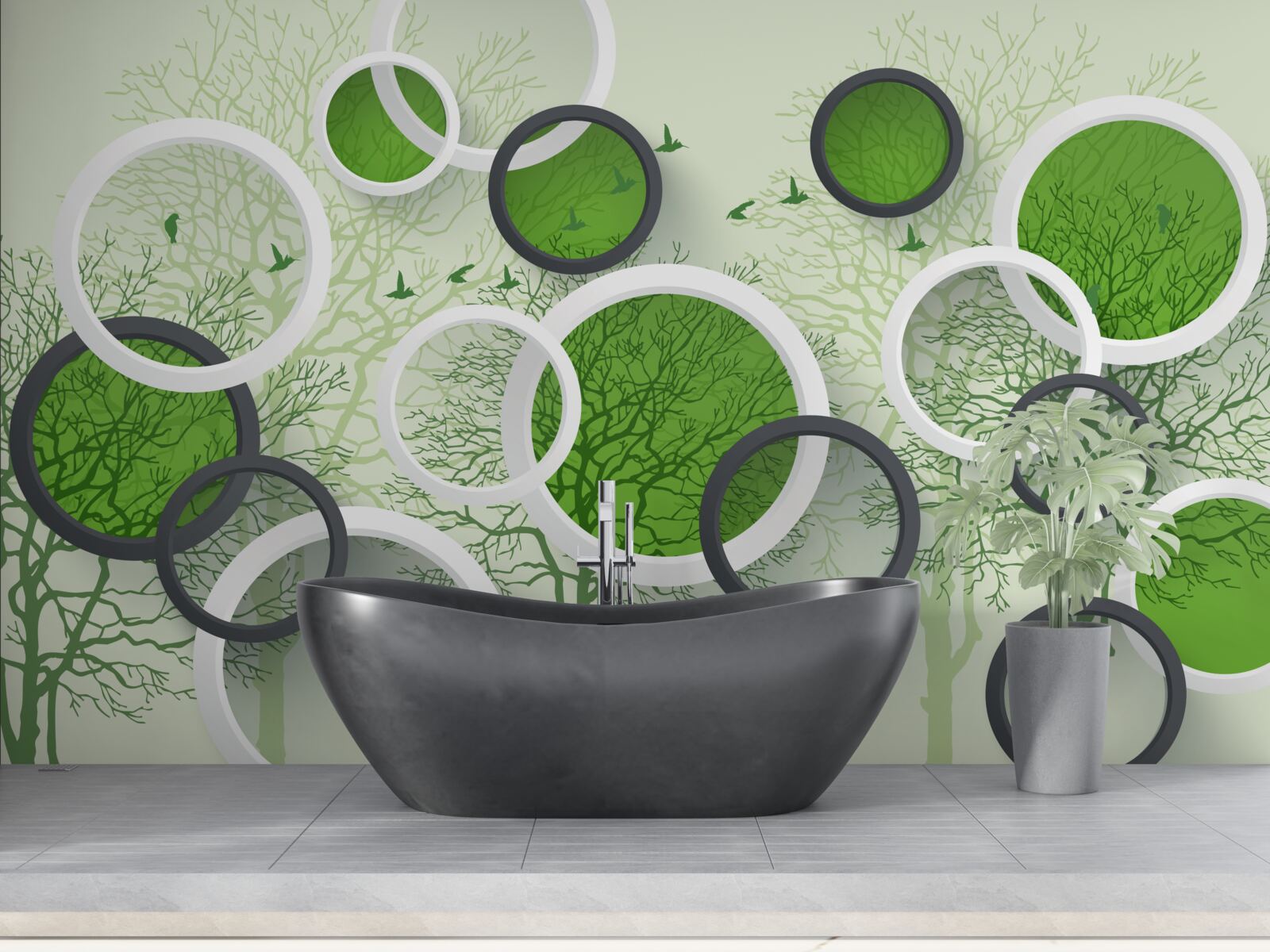 Papier peint cercles verts sur fond d'arbres