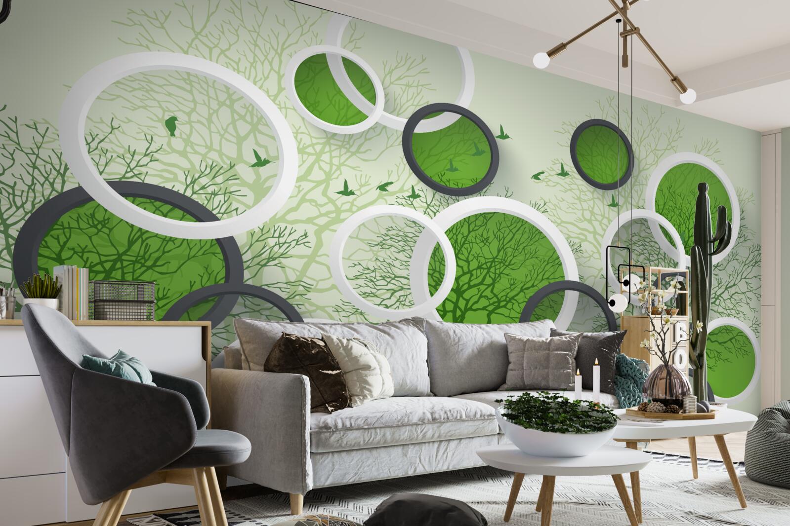 Papier peint cercles verts sur fond d'arbres