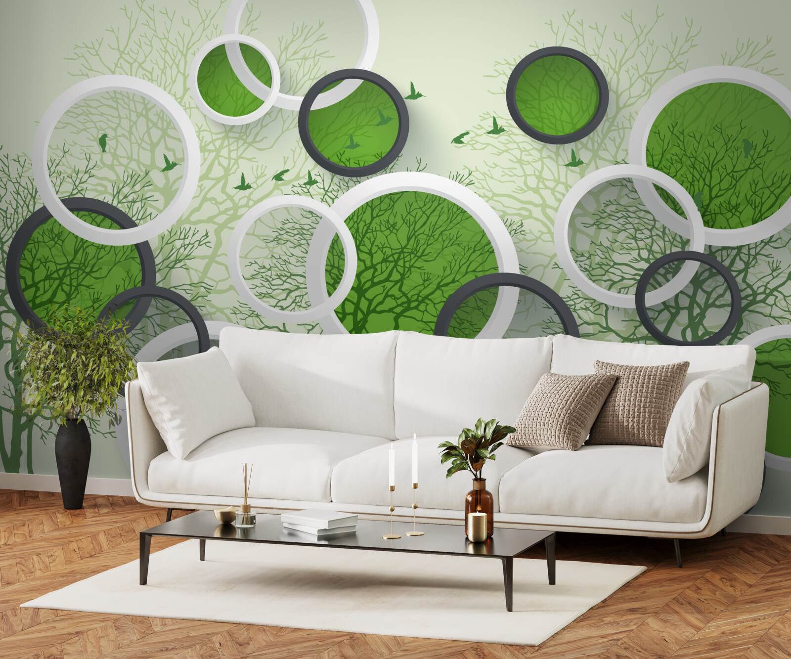 Papier peint cercles verts sur fond d'arbres