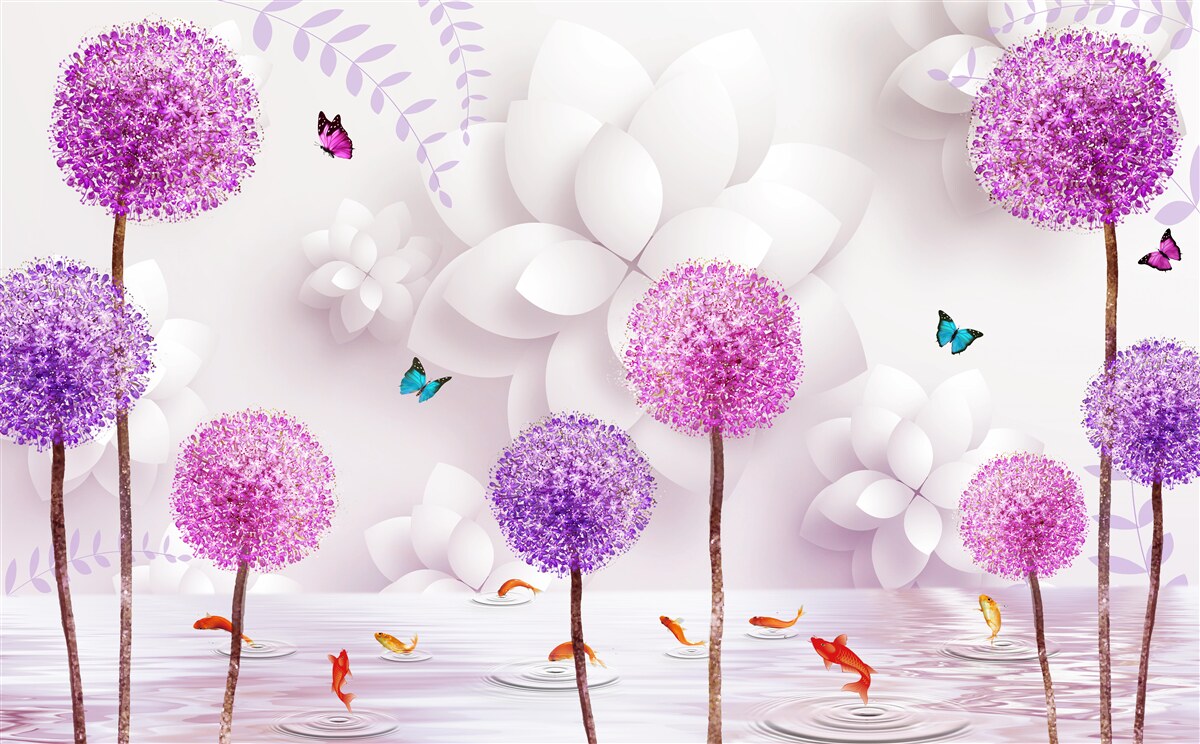 Papier peint Les roses sont violettes et décorées de papillons.