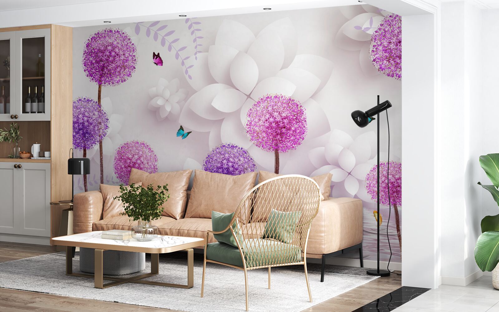 Papier peint Les roses sont violettes et décorées de papillons.