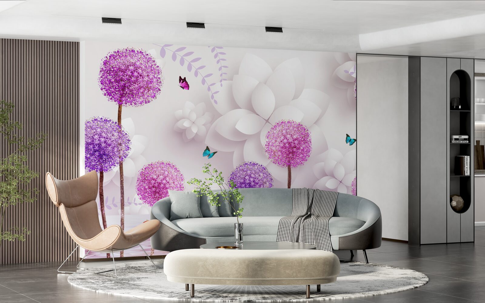 Papier peint Les roses sont violettes et décorées de papillons.