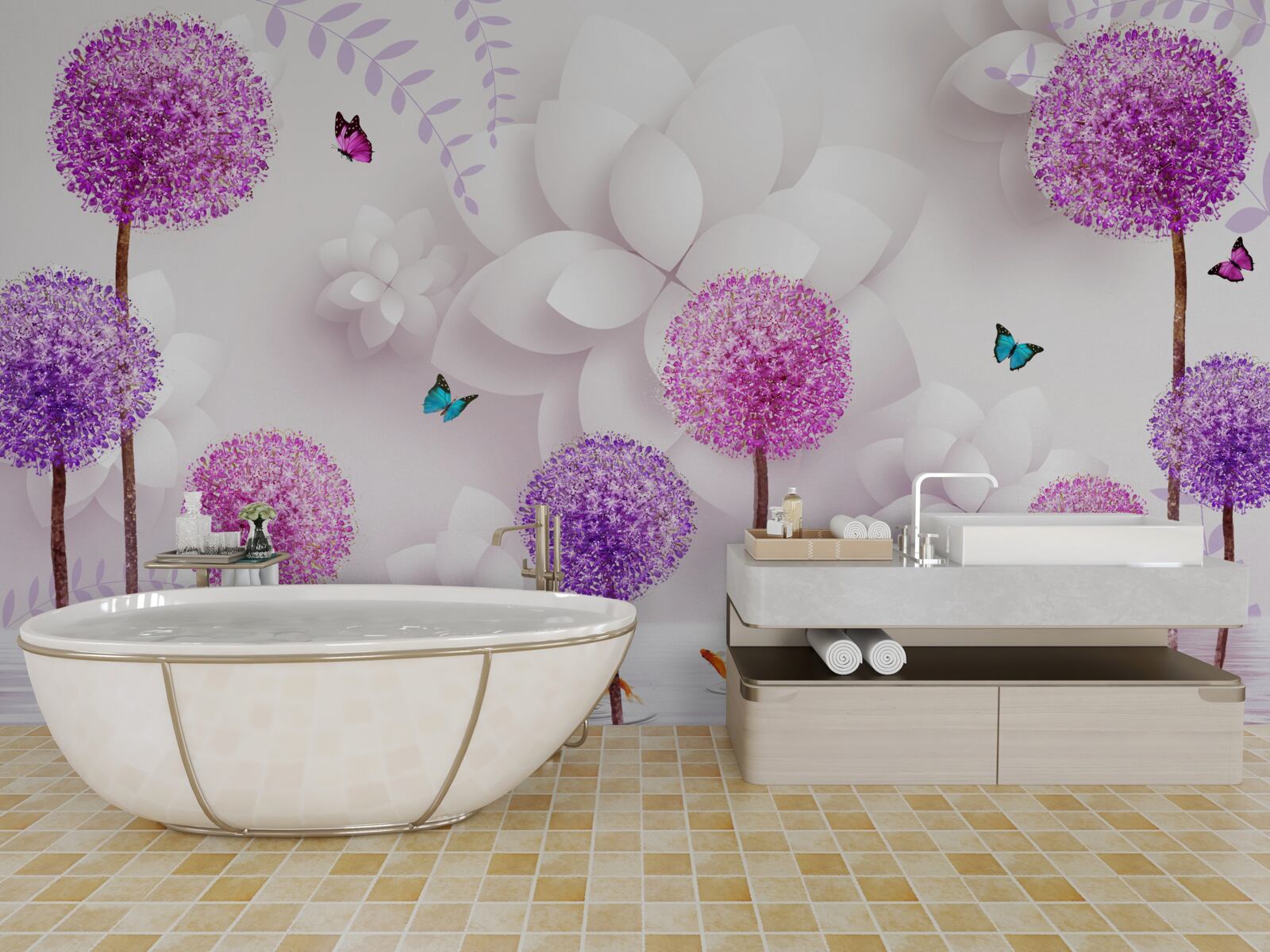 Papier peint Les roses sont violettes et décorées de papillons.