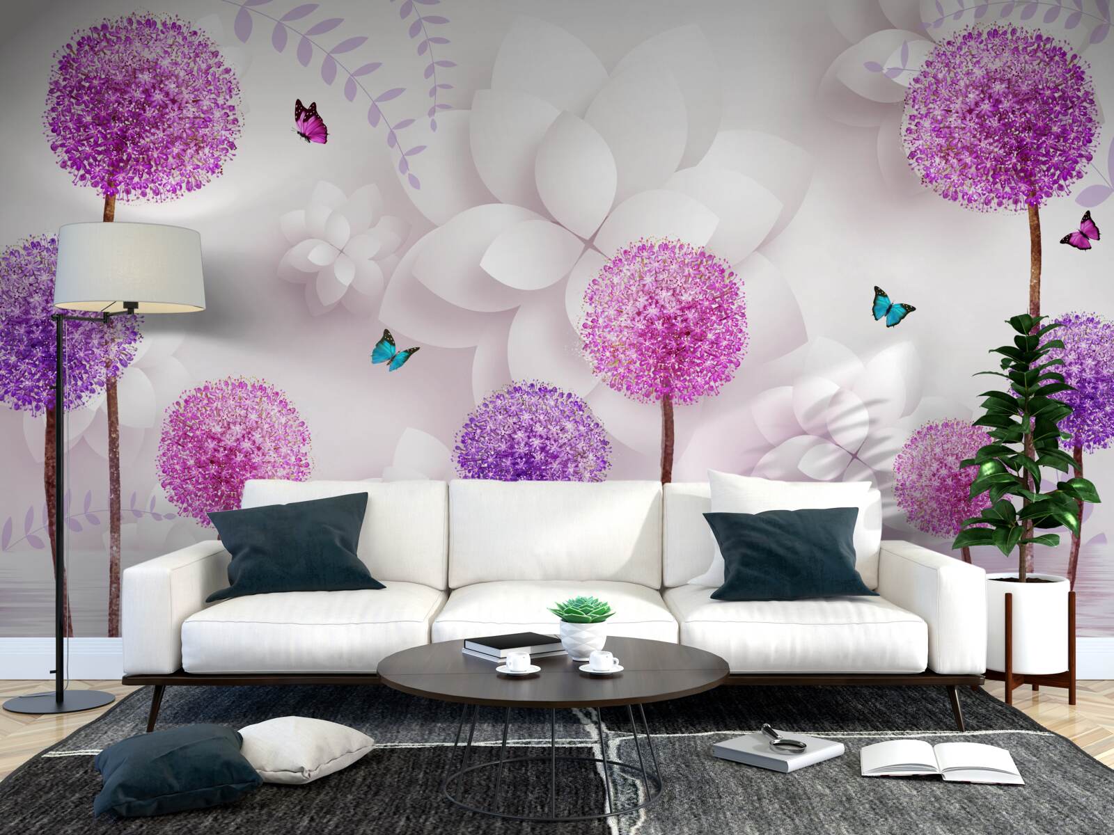 Papier peint Les roses sont violettes et décorées de papillons.