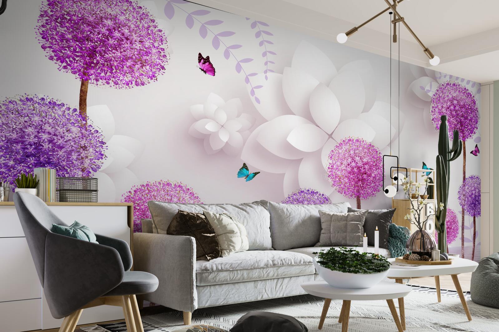 Papier peint Les roses sont violettes et décorées de papillons.