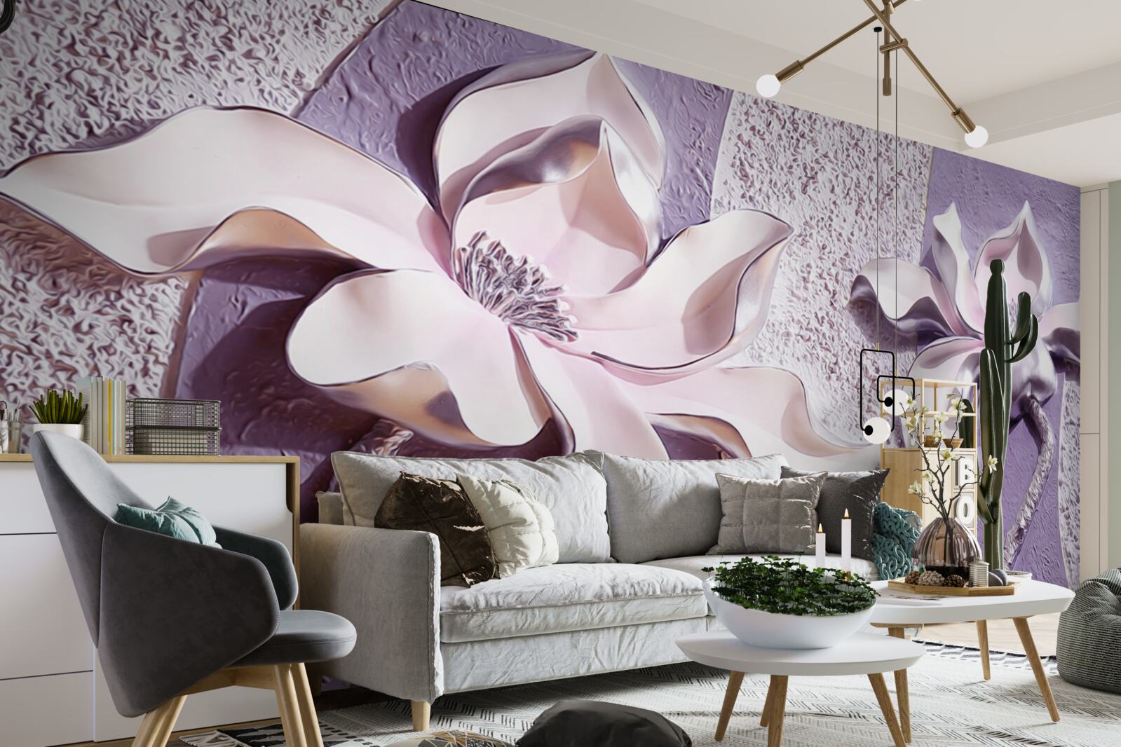 Papier peint lotus décoré en or sur fond violet