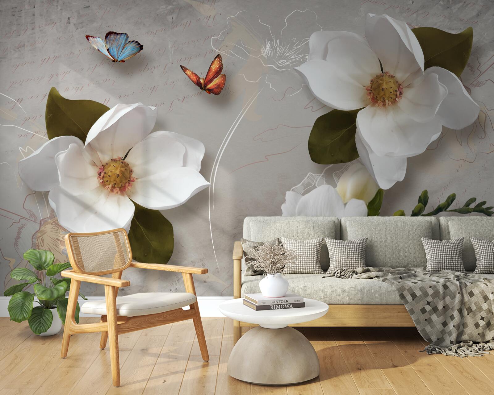 Papier peint de délicats lotus et papillons blancs comme neige