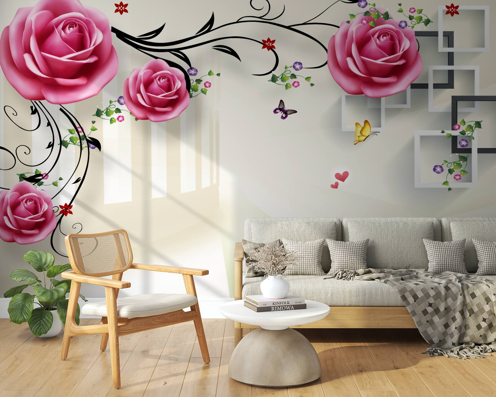 Papier peint papillons sur des branches avec des roses rouges