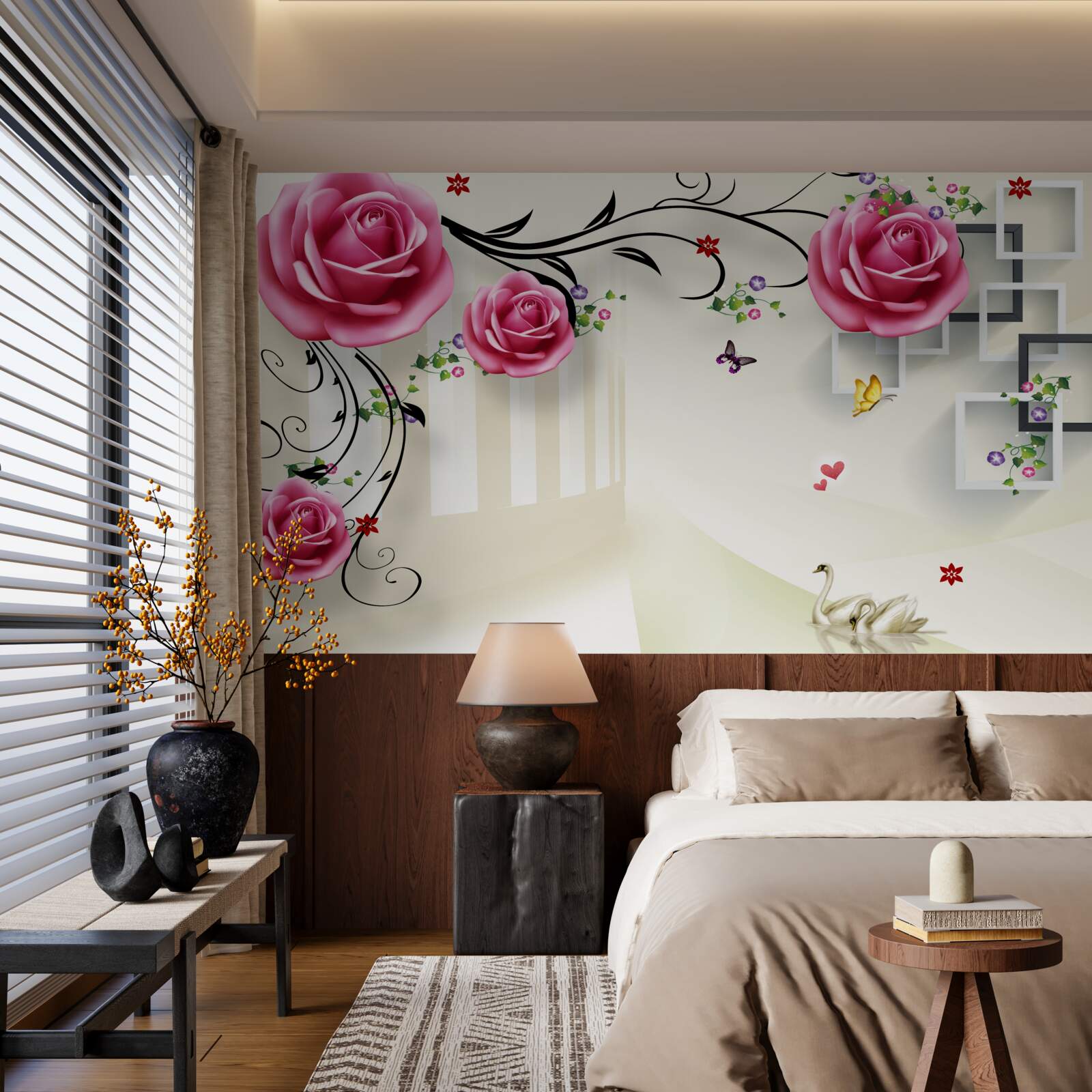 Papier peint papillons sur des branches avec des roses rouges