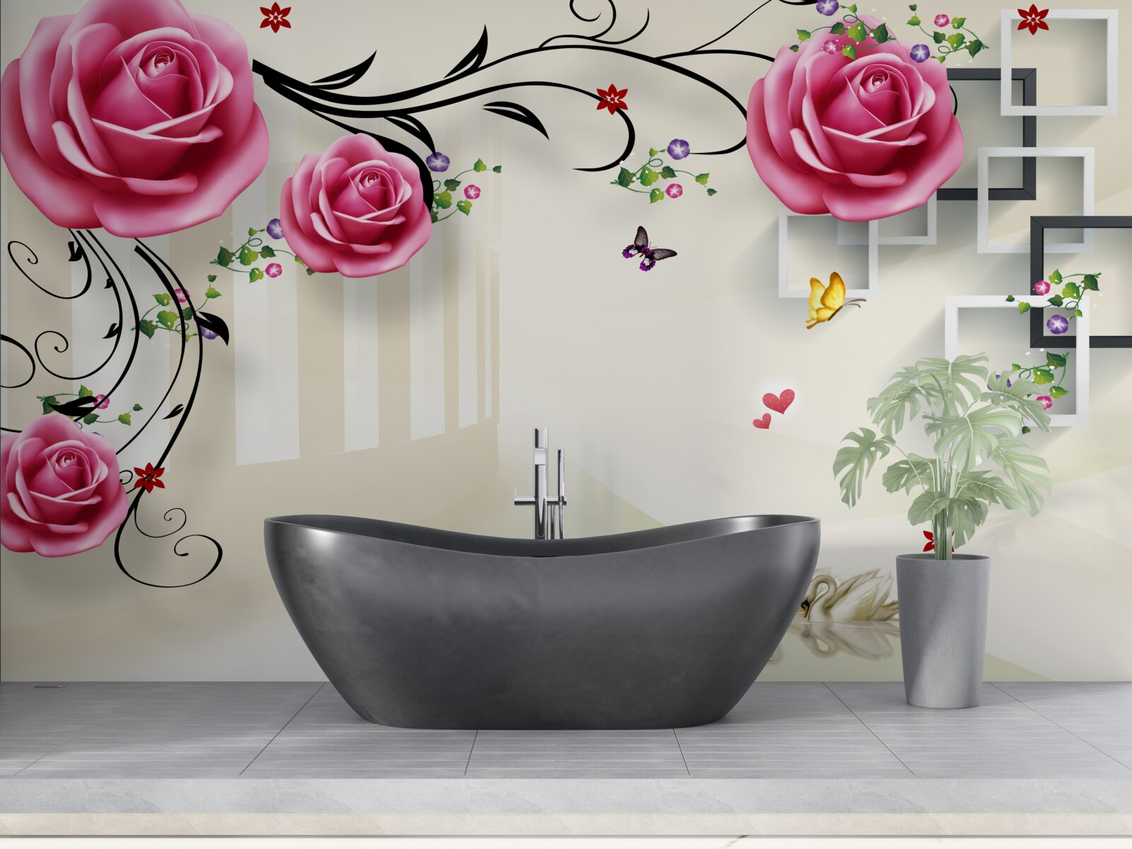 Papier peint papillons sur des branches avec des roses rouges