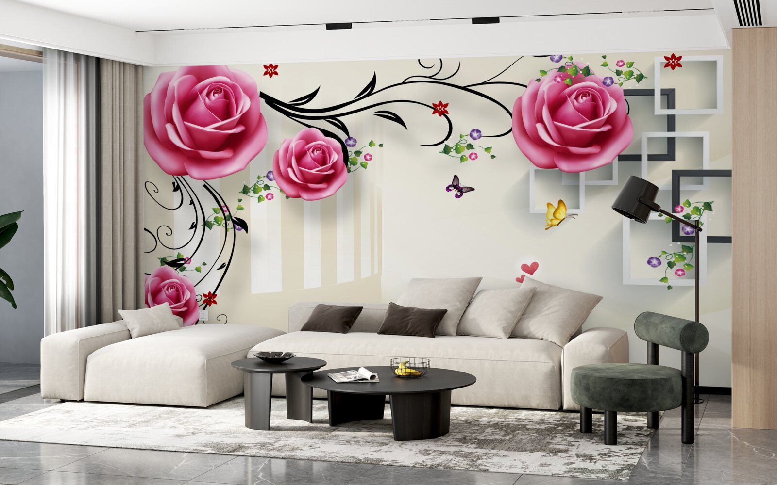 Papier peint papillons sur des branches avec des roses rouges