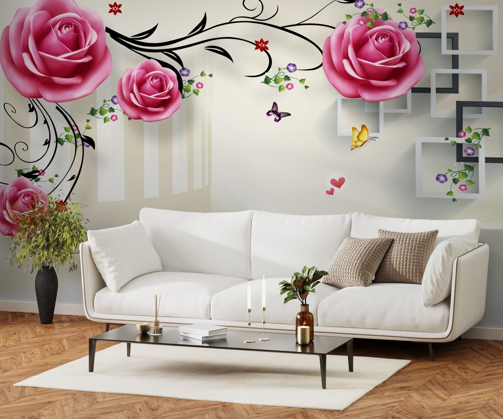 Papier peint papillons sur des branches avec des roses rouges