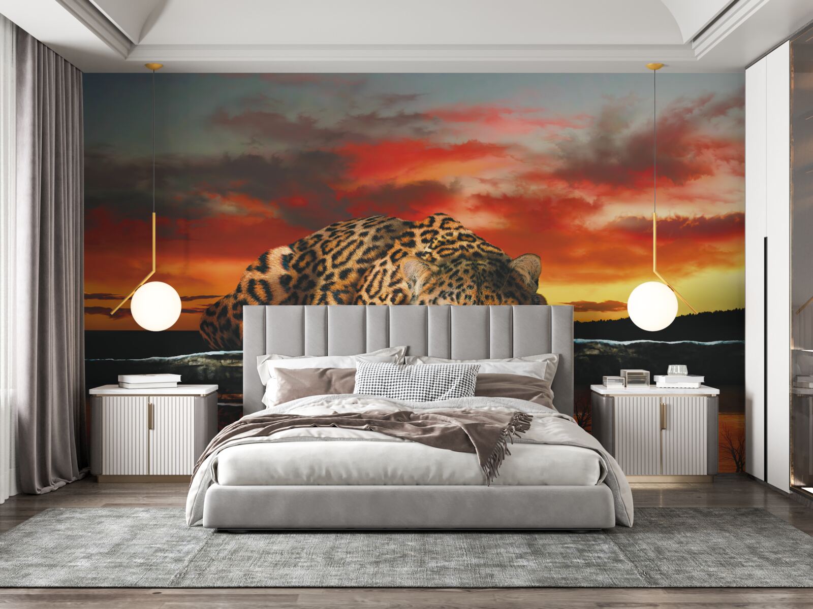 Papier peint imprimé léopard sur fond de coucher de soleil