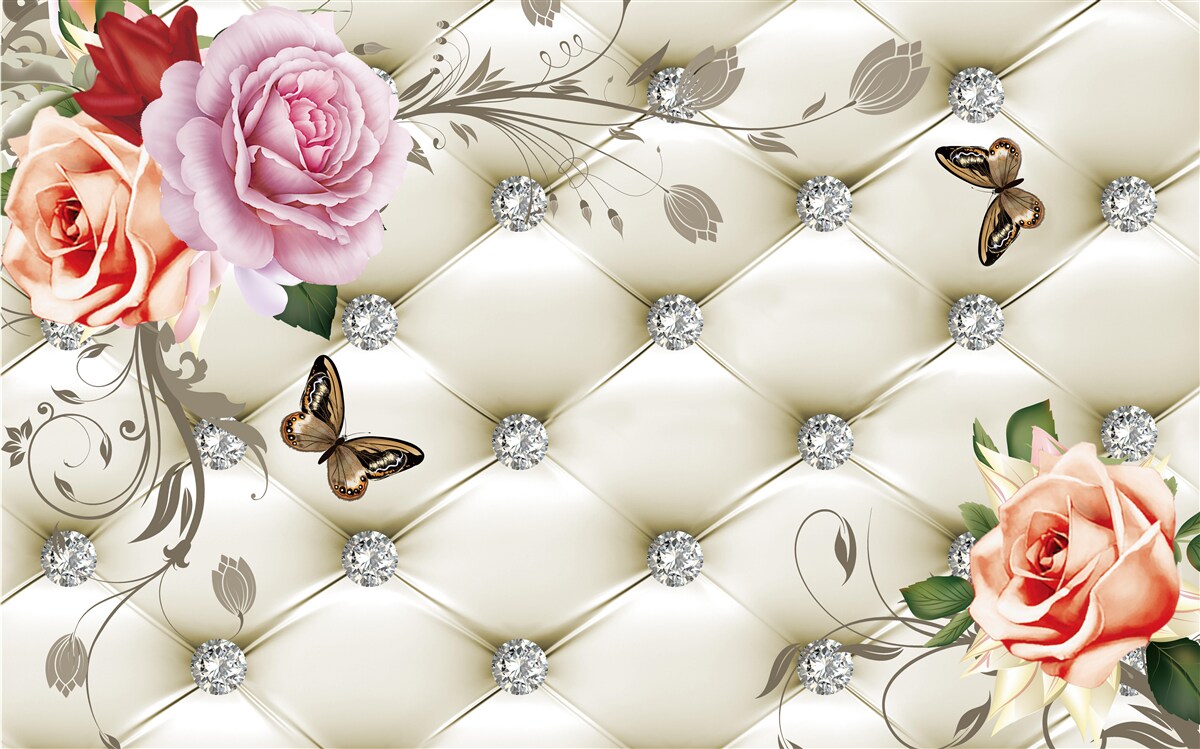 Papier peint roses décorées de cristaux et de papillons