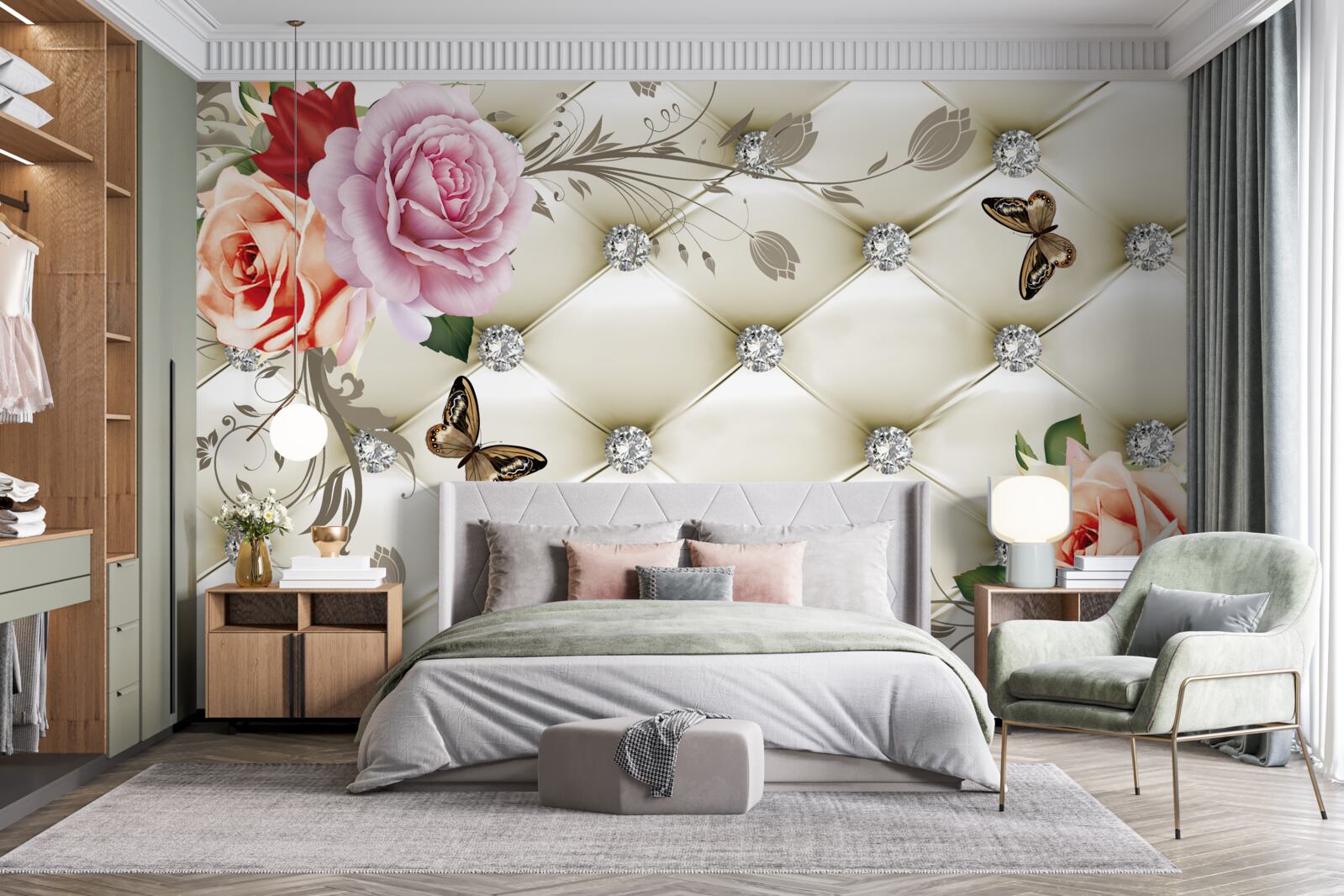 Papier peint roses décorées de cristaux et de papillons