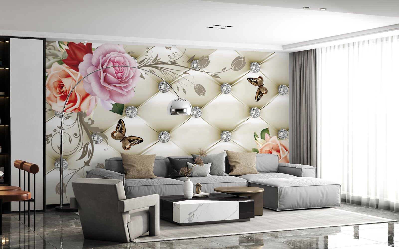 Papier peint roses décorées de cristaux et de papillons