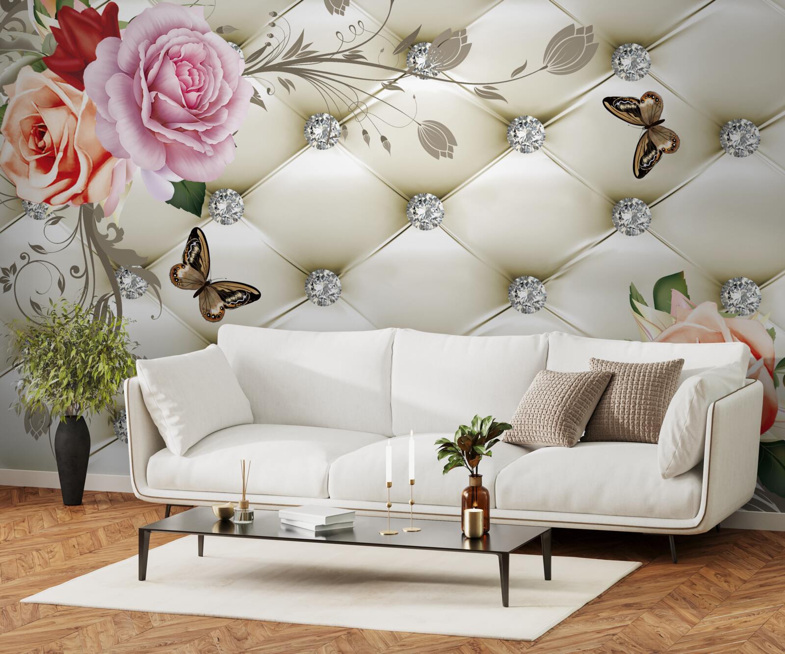 Papier peint roses décorées de cristaux et de papillons