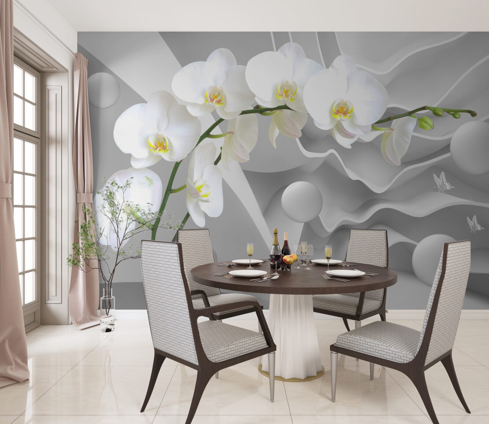 Papier peint orchidée blanche sur fond gris