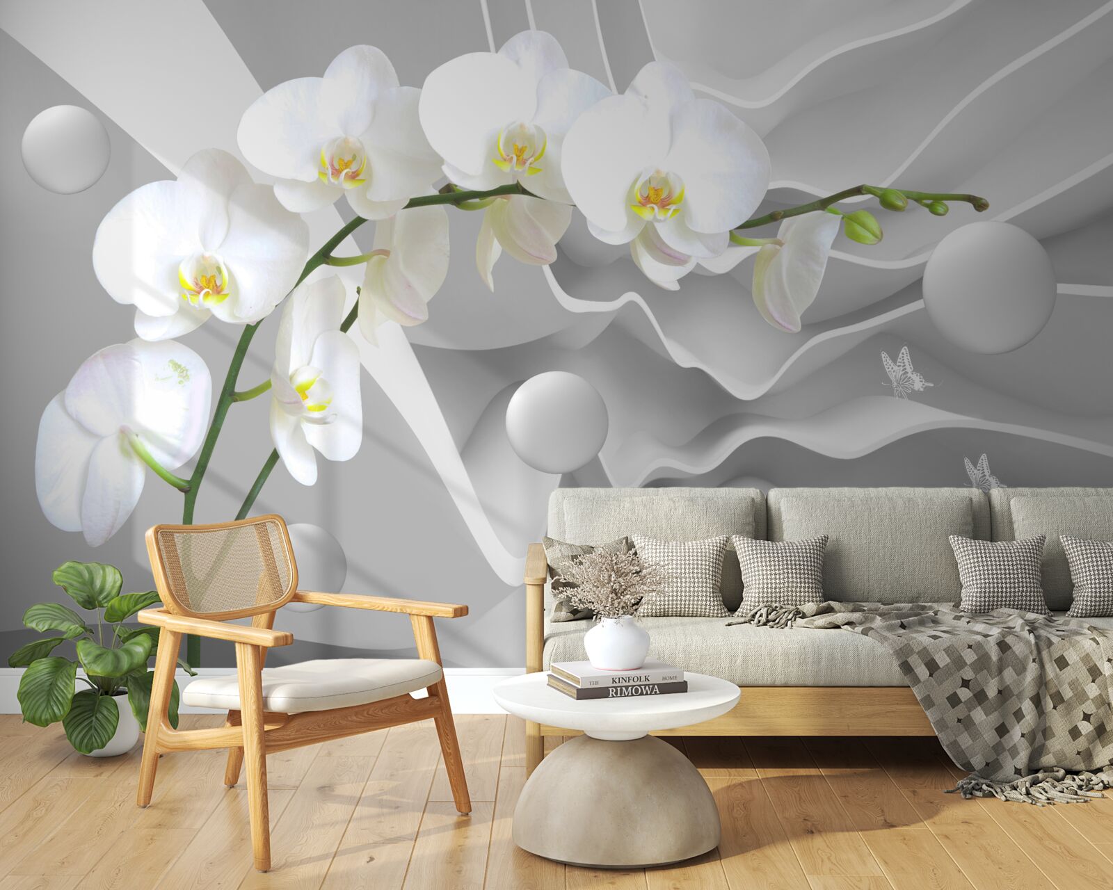 Papier peint orchidée blanche sur fond gris