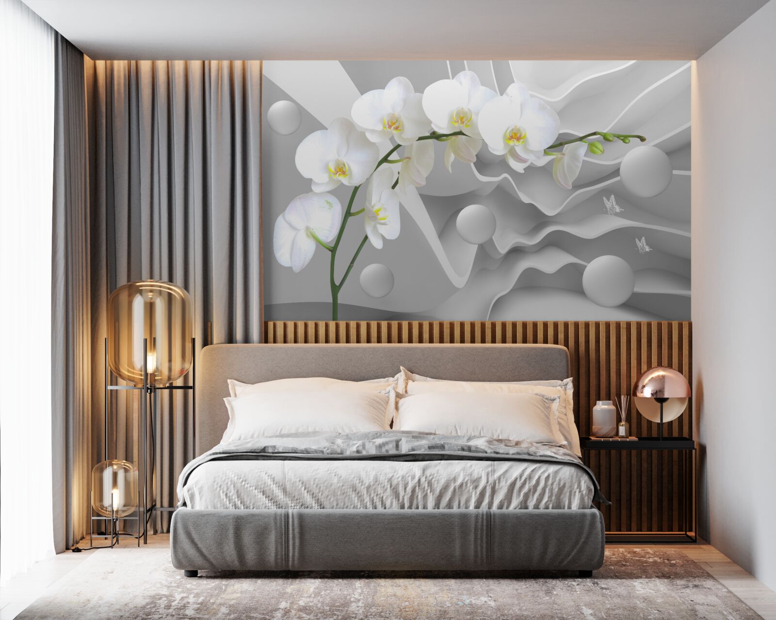 Papier peint orchidée blanche sur fond gris